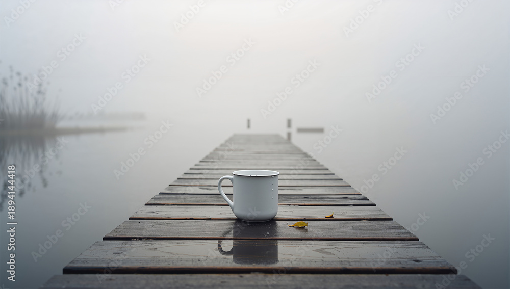 Obraz premium 朝霧の湖畔の桟橋に白いマグを置いたミニマルな夜明けの情景、人物なし