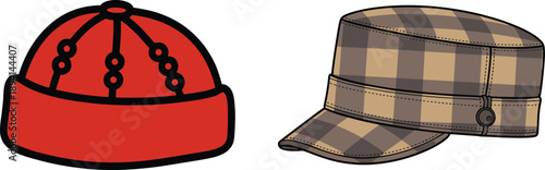 Red beanie hat, plaid military cap, fashion headwear, urban style, trendy accessories, contrast design, flat top, stitched brim, textile detail, modern look