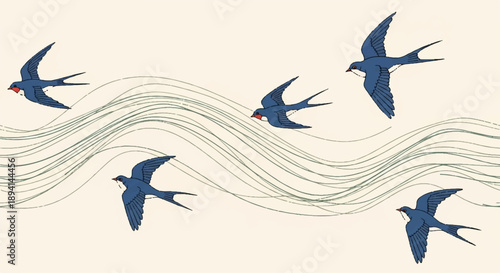 Vector illustration of flying blue swallows with abstract wavy lines on a light background, bird migration concept