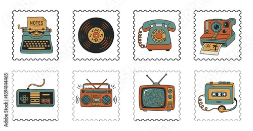 Retro Tech and Nostalgic Media Postage Stamp Collection for Vintage Scrapbooking and Journaling Assets