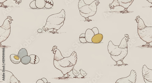 Vector seamless pattern with hand-drawn hens, chickens, and eggs on a light beige background, farm animal illustration