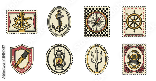 Vintage Hand Drawn Nautical Equipment Postage Stamp Collection for Maritime Scraps and Travel Stationery