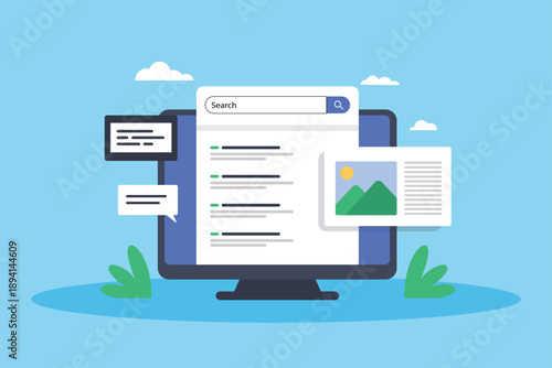 Search Engine Results Page Interface and Website Content Discovery on Desktop Computer Flat Vector Illustration