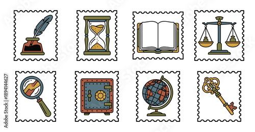Vintage Hand-Drawn Philatelic Icon Stamp Collection for History and Research Theme