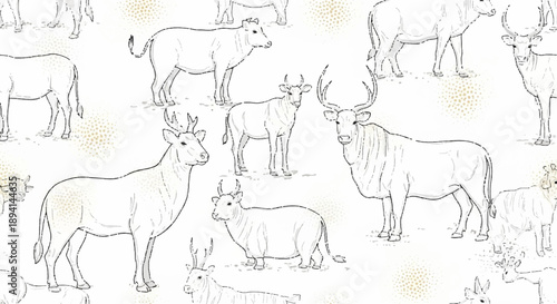 Vector seamless pattern with hand-drawn deer, cows, and antelopes in outline sketch style on white background, wildlife animal illustration