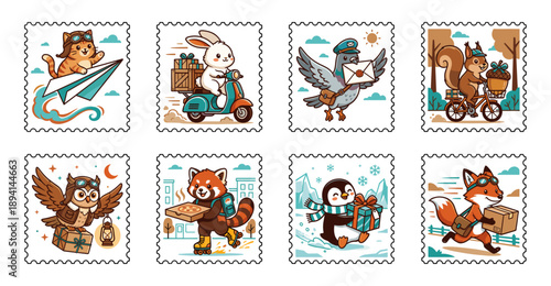Flat Illustration Animal Mail Delivery Postage Stamp Set for Whimsical Stationery Design