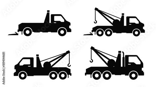 Four black tow truck illustrations in a minimalist silhouette