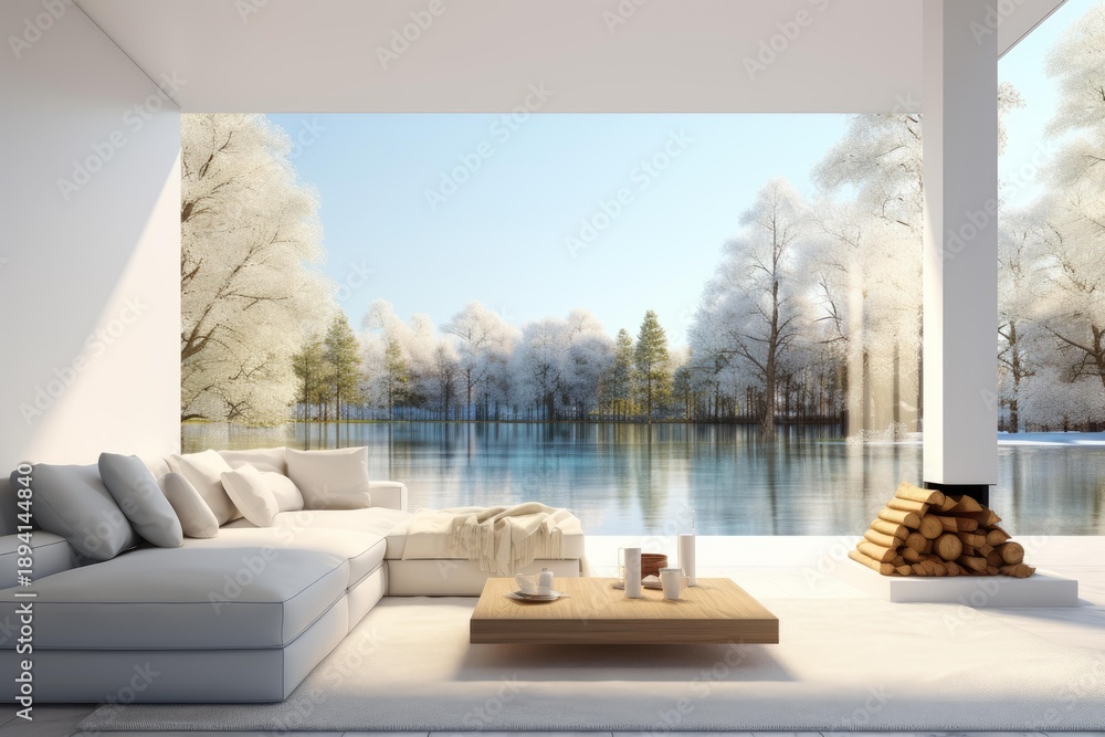 Fototapeta premium Modern living room with white sofa and fireplace, providing peaceful view of winter lake