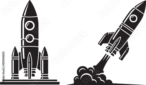 Black and white of two rockets space launch