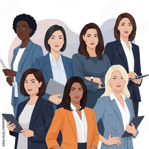 Empowered Collective: a diverse ensemble of women, exuding confidence, and strength, united in purpose. A visual symphony of female empowerment, illustrating leadership, ambition.