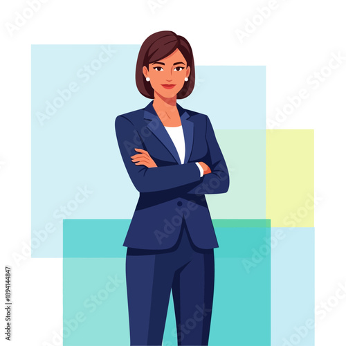 Poised Professional: A confident woman, dressed in a sharp suit with arms crossed, stands tall with an air of assuredness. Depicting professionalism, strength, and business acumen.