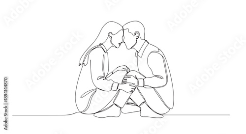 Couple sitting facing each other in a close embrace in a minimalist line drawing