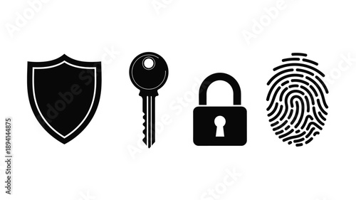 Security icons including a shield key padlock and fingerprint silhouette