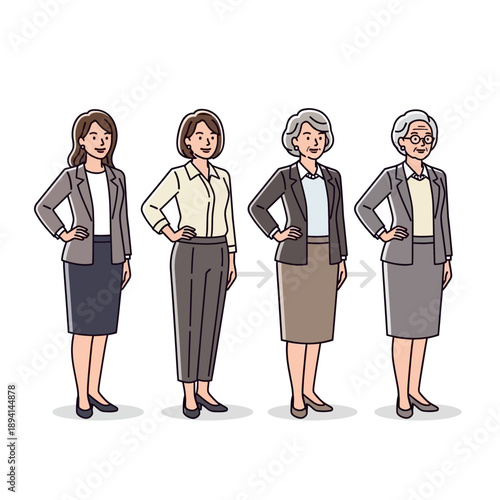 Evolution in the Workplace: A series of illustrations depicts a woman's journey through various life stages, showcasing her professional evolution.