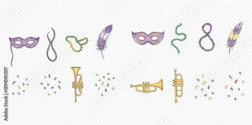 Mardi Gras celebration elements set with masks, beads, feathers, trumpets, and confetti for festive designs.