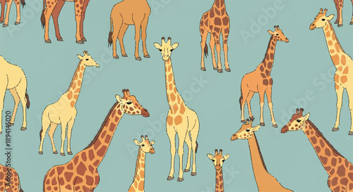 Giraffe vector seamless pattern with various poses and sizes on light blue background, safari animal illustration