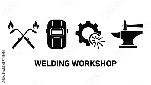 Welding workshop icons and tools depicted in black silhouette