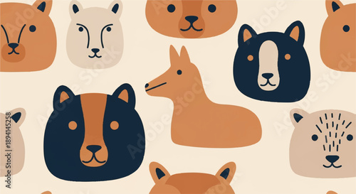 Cute vector animal faces and bodies seamless pattern in earthy tones: bear, fox, llama, dog. Kids illustration background.
