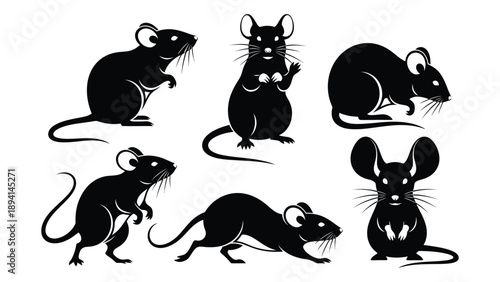 Six black rats in various poses Vector