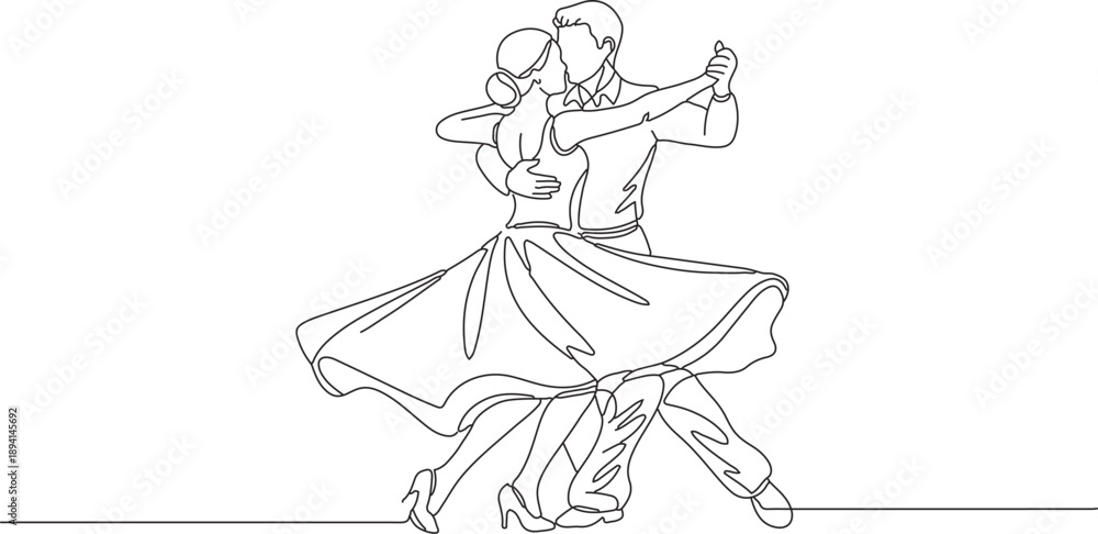 Obraz premium Continuous line drawing of a couple dancing ballroom dance, elegant movement and romantic embrace