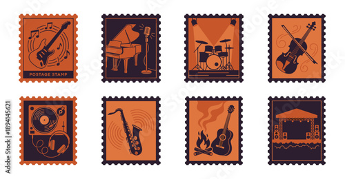 Minimalist Orange and Navy Musical Instrument Postage Stamp Collection for Retro Festival Branding and Stationery