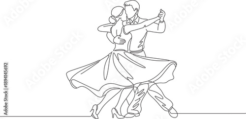 Continuous line drawing of a couple dancing ballroom dance, elegant movement and romantic embrace