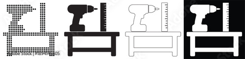 Power drill and measuring tool on a workbench, presented in various graphic styles