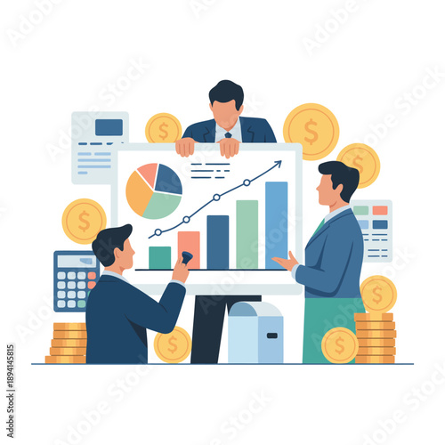 Three men discussing financial charts with coins and calculators