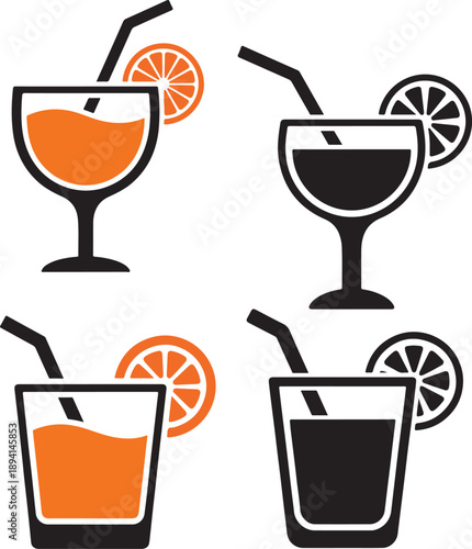 Drink Icons, Juice Glasses, Orange Slice Garnish, Stemmed and Tumbler Style