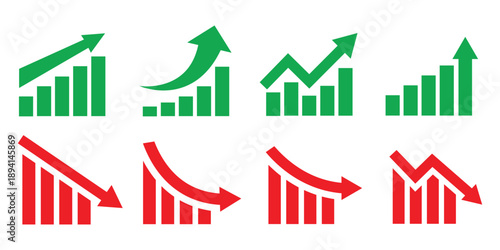 Stock market trend up and down arrows, financial graphs, and business investment growth and loss arrow, graph going up and down symbol with green and red arrows, vector illustration