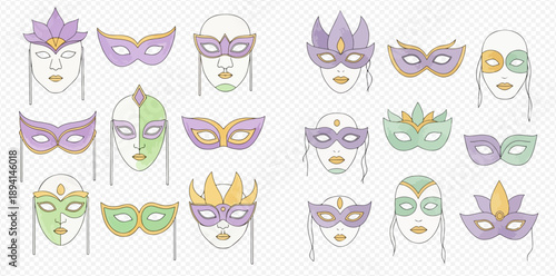 Collection of Mardi Gras carnival masks in purple, green, and gold colors, celebrating festivity and masquerade.