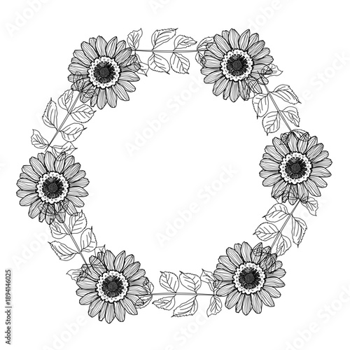 Cornice esagonale nera con foglie e gerbere, illustrazione vettoriale isolata