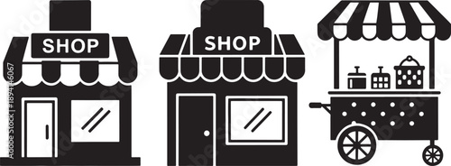Retail Icons, Storefront and Vendor Cart, Small Business Symbols, Minimal Vector Set, Black and White Design