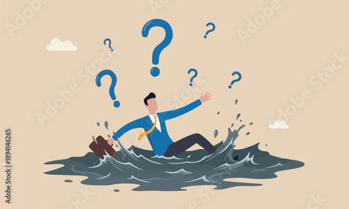 Business failure,, career struggle or unemployment concept, helpless businessman drowning or sinking into the bottom of pink piggy bank ocean