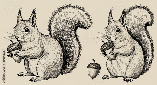 Vector hand drawn squirrel holding acorn, vintage engraving style illustration, forest animal, isolated on white