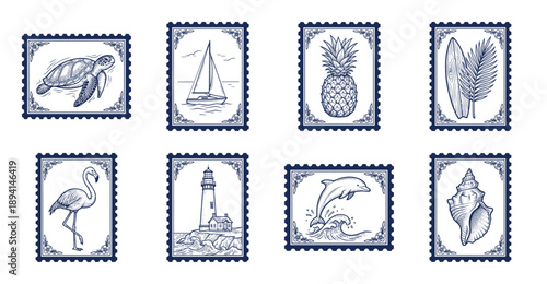 Vintage Hand Drawn Tropical Nautical Postage Stamp Collection for Summer Travel Scrapbooking