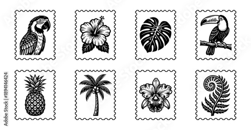 Linocut Tropical Flora and Fauna Postage Stamp Collection for Summer Travel Branding and Scrapbooking