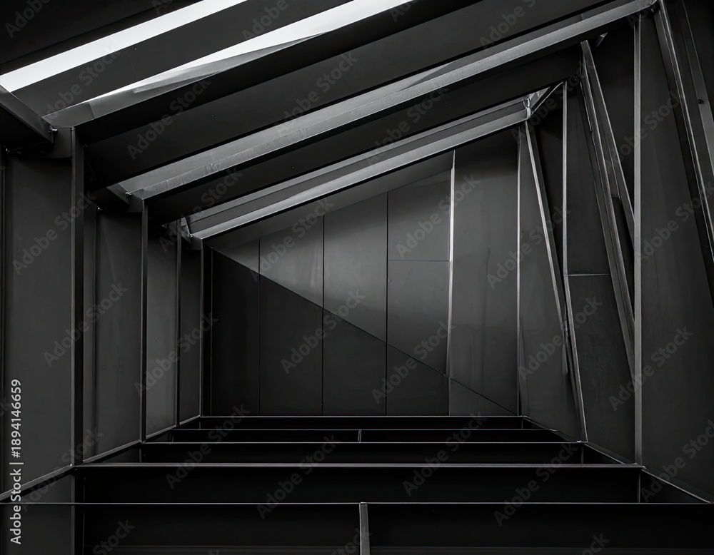 Obraz premium Abstract black and white interior view of modern architectural structure with sharp angles.
