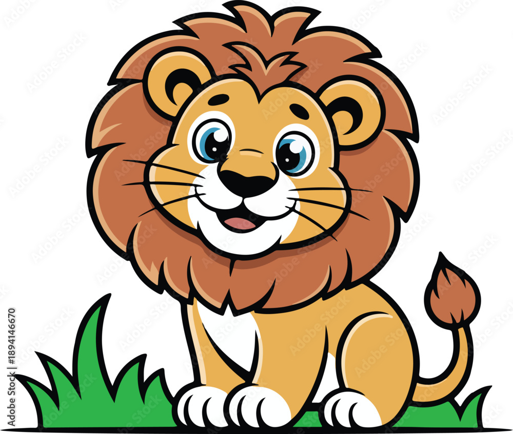Fototapeta premium Cute Cartoon Lion Cub Sitting in Grass