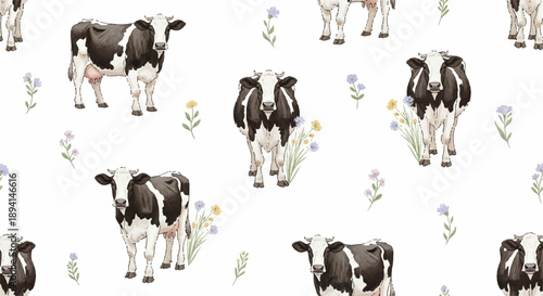 Holstein cows and wildflowers vector seamless pattern on white. Farm animal illustration for fabric, wallpaper, packaging, dairy branding.