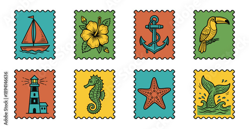 Vintage Hand Drawn Nautical and Tropical Themed Postage Stamp Collection for Summer Travel Scrapbooking