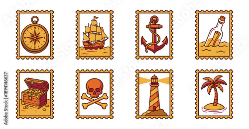 Flat Line Art Pirate Adventure Postage Stamp Collection for Nautical Scrapbooking and Maritime Stationery