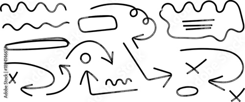 A collection of freehand black and white sketched doodles including arrows lines shapes and abstract forms on a white background high quality professional