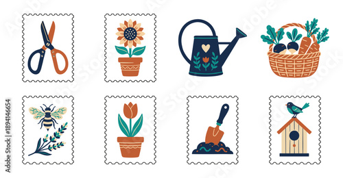 Folk Art Botanical Garden Postage Stamp Collection for Eco-Friendly Stationery and Scrapbooking