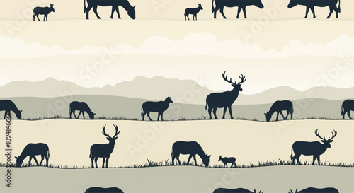 Seamless vector pattern of wild animals silhouettes: deer, elk, sheep, boar, and calf grazing in a field with mountains, sepia tones