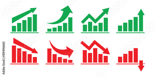 Graph going Up and Down sign with green and red arrows vector. Flat design vector illustration concept of sales bar chart symbol icon with arrow moving down and sales bar chart with arrow moving up
