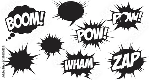 Comic speech bubbles and sound effects boom pow zap wham