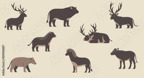 Vector set of various dark brown deer, buffalo, and wild boar illustrations on a light beige background, flat animal collection