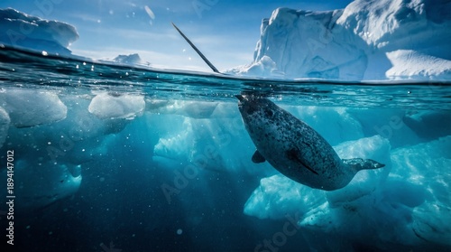 Majestätischer Narwal mit langem Stoßzahn in den eisigen Gewässern der Arktis.