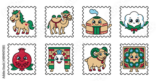 Kawaii Central Asian Cultural Icons and Nomadic Heritage Postage Stamp Collection for Children’s Educational Scrapbooking